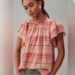 Trovata Carla Highneck Shirt Cropped Boxy Pink Marmalade Plaid Size Large